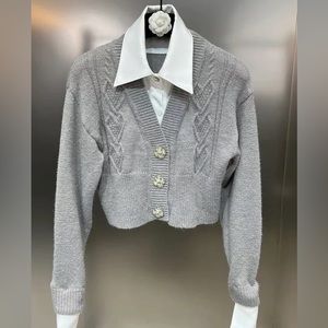 Jessica Bara Megyn long sleeve grey sweater top with rhinestone buttons, NWOT